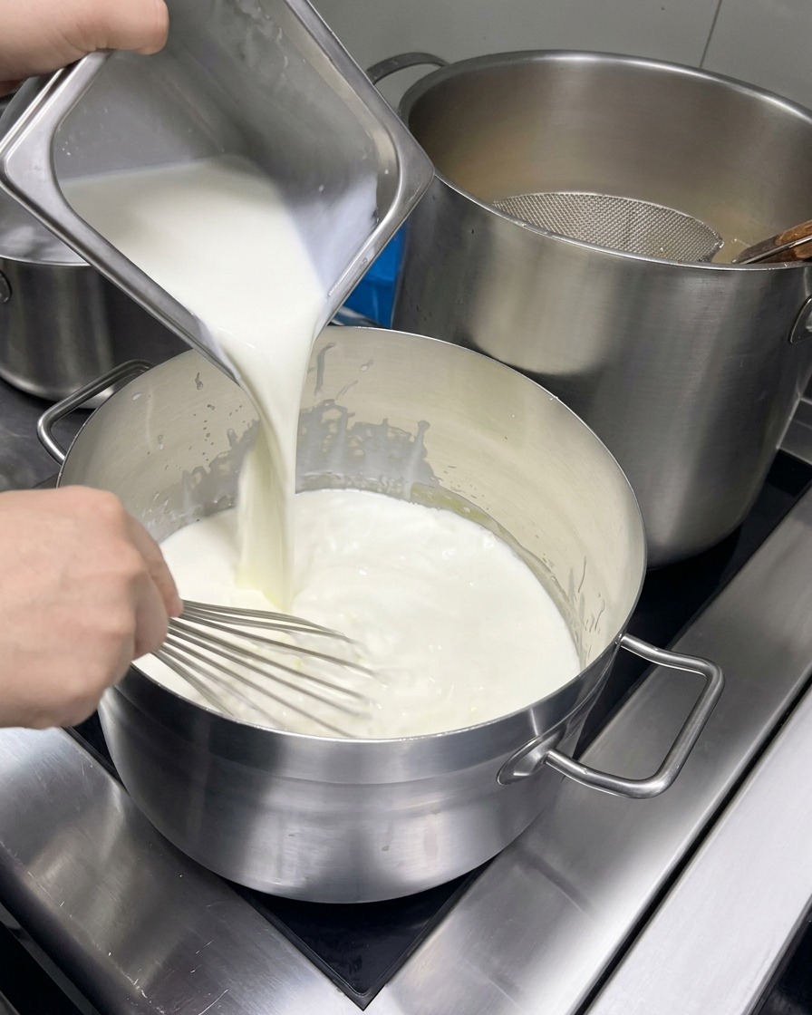 Leche y crema vertiéndose desde un recipiente de metal a una olla mientras se baten continuamente.