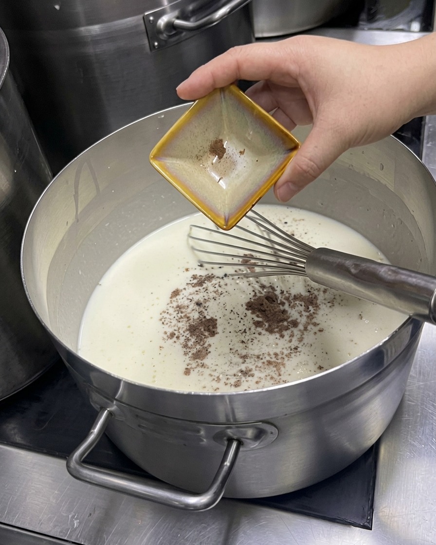 Una mano vertiendo especias desde un plato cuadrado pequeño a una olla grande con líquido blanco cremoso.