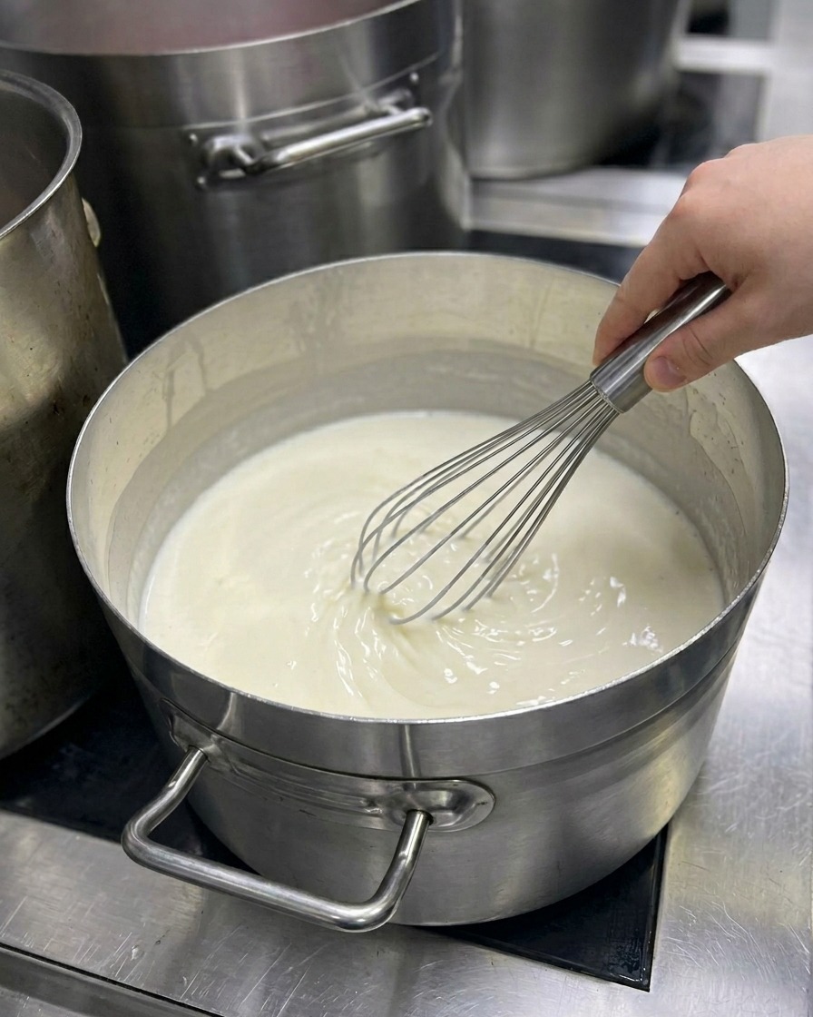 Una mano batiendo una salsa blanca suave y espesa dentro de una olla de metal.