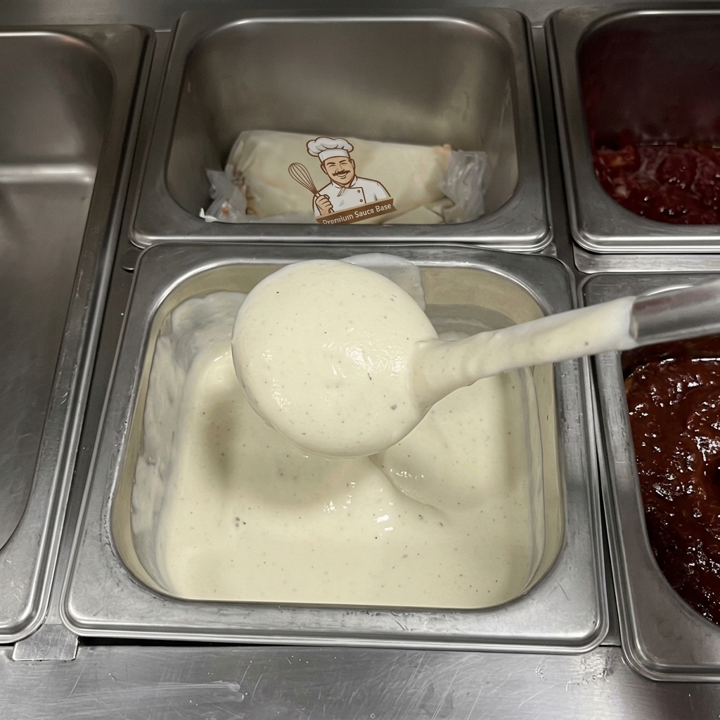 Un cucharón levantando una salsa blanca espesa y cremosa de un recipiente de metal.
