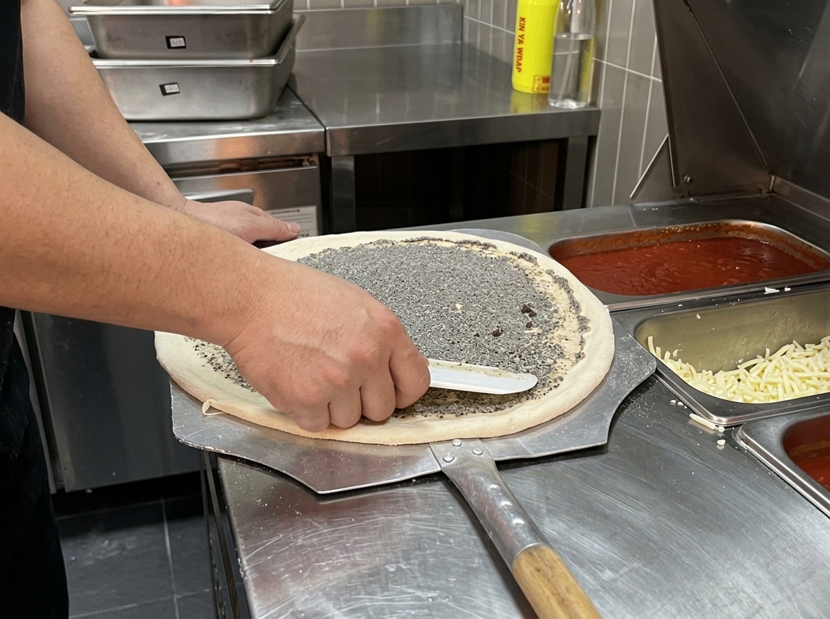 Manos usando una espátula de plástico blanca para extender salsa de trufa gris oscura uniformemente sobre una masa de pizza cruda en una encimera de acero inoxidable.