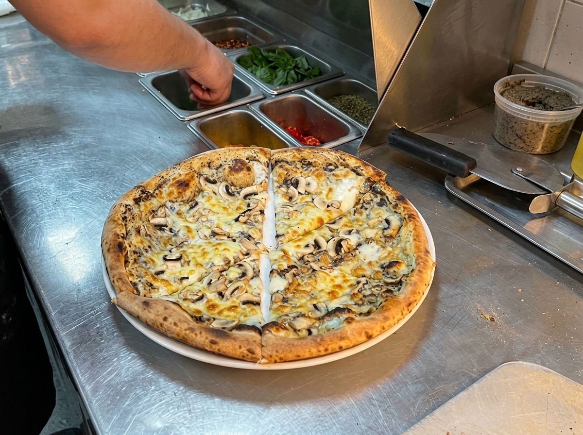Una pizza de champiñones y trufa recién horneada y cortada sobre una encimera de metal, con la mano de un chef al fondo buscando hojas de albahaca fresca para decorar.