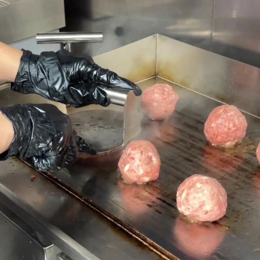 Manos con guantes negros usando una prensa de metal redonda para aplastar una bola de carne molida en una plancha comercial caliente.
