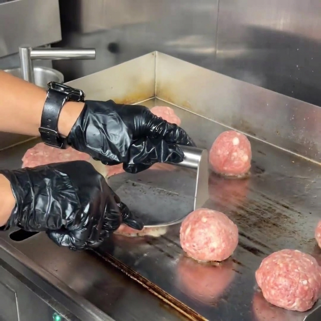 Persona con guantes negros usando una prensa circular metálica para aplanar bolas de carne en una plancha con vapor subiendo.