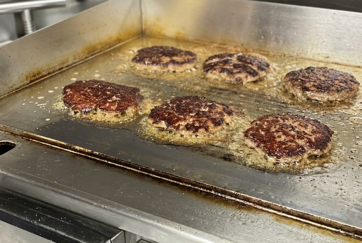 Varias carnes de hamburguesa volteadas en la plancha, mostrando una costra sellada marrón oscura y crujiente burbujeando en su propia grasa.