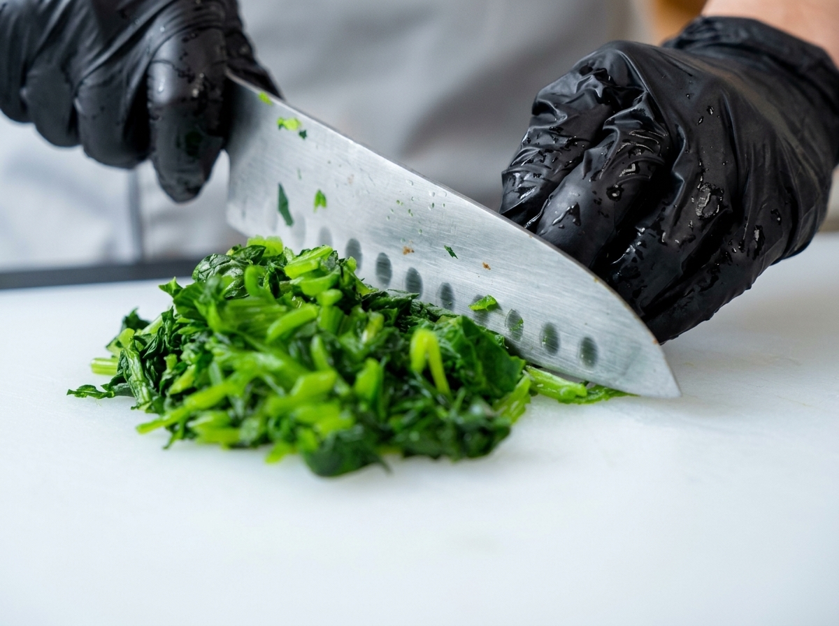 Manos picando finamente las espinacas cocidas con un cuchillo de chef en una tabla blanca.