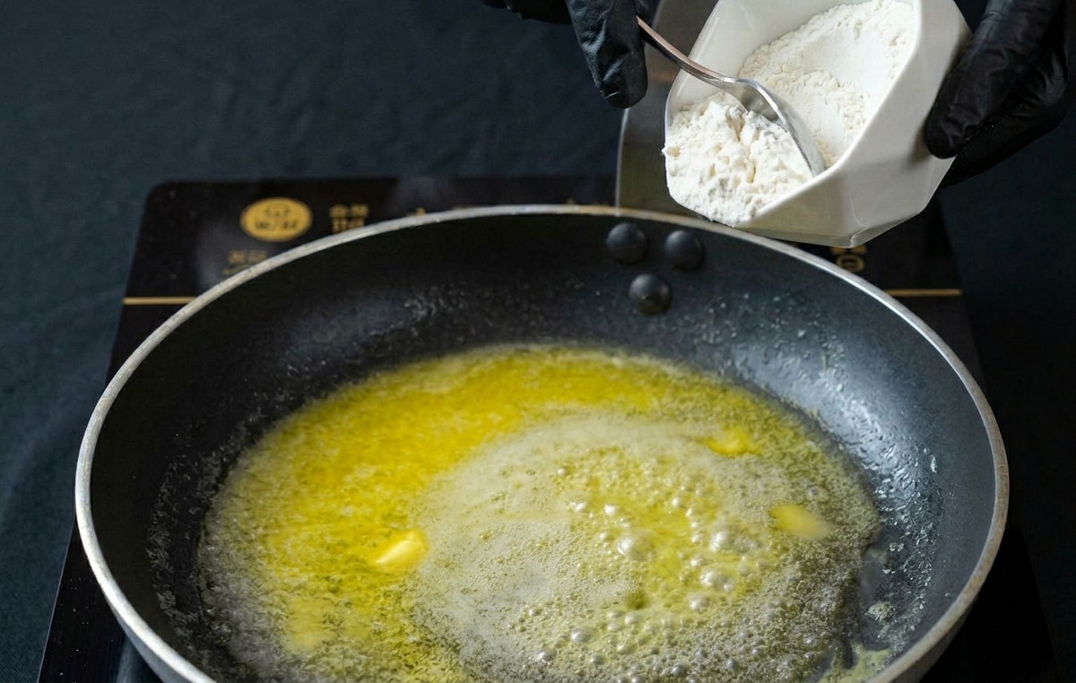 Espolvoreando harina blanca sobre la mantequilla derretida en la sartén.