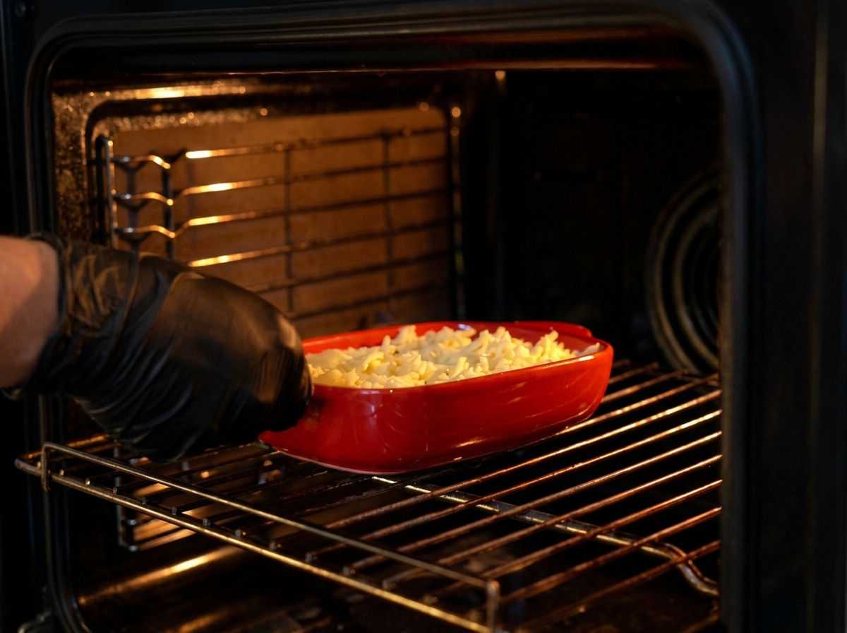 Manos con guantes metiendo la fuente roja en el horno precalentado.
