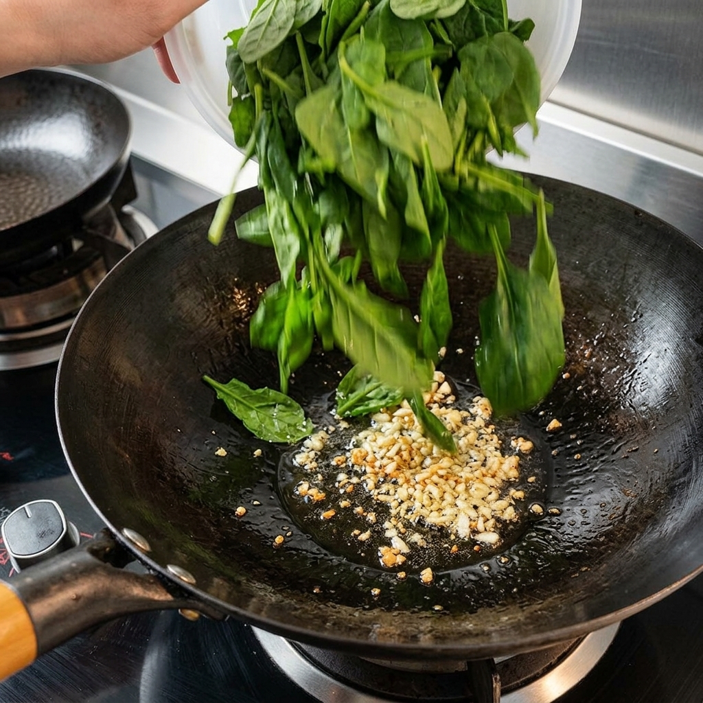 Espinacas recién picadas cayendo en un wok caliente con ajo picado y aceite.