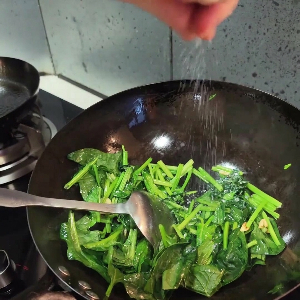Una mano espolvoreando sal sobre espinacas salteadas de color verde vibrante en un wok.
