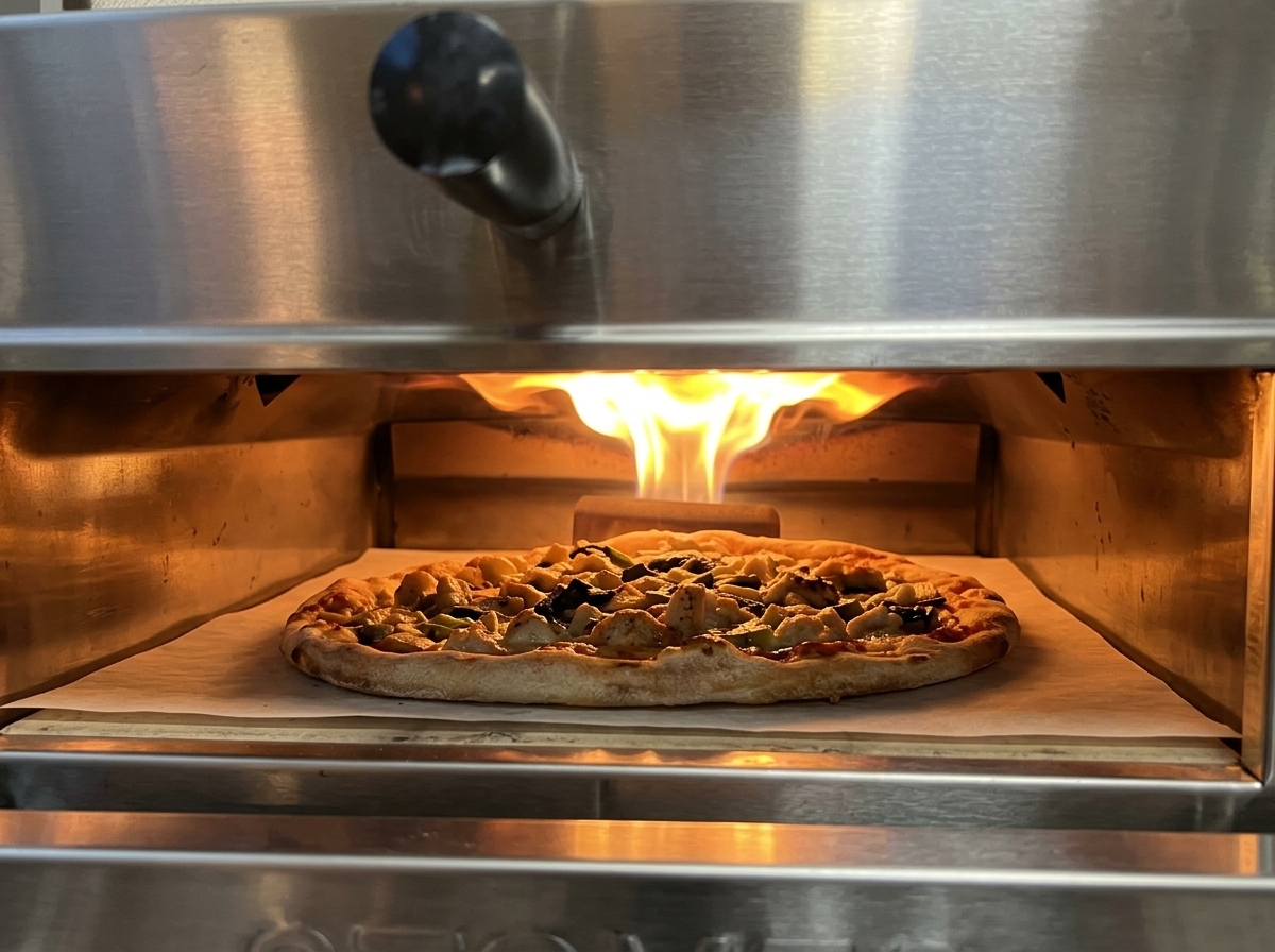 Pizza de espinacas y queso horneándose en un horno de alta temperatura con llamas visibles.