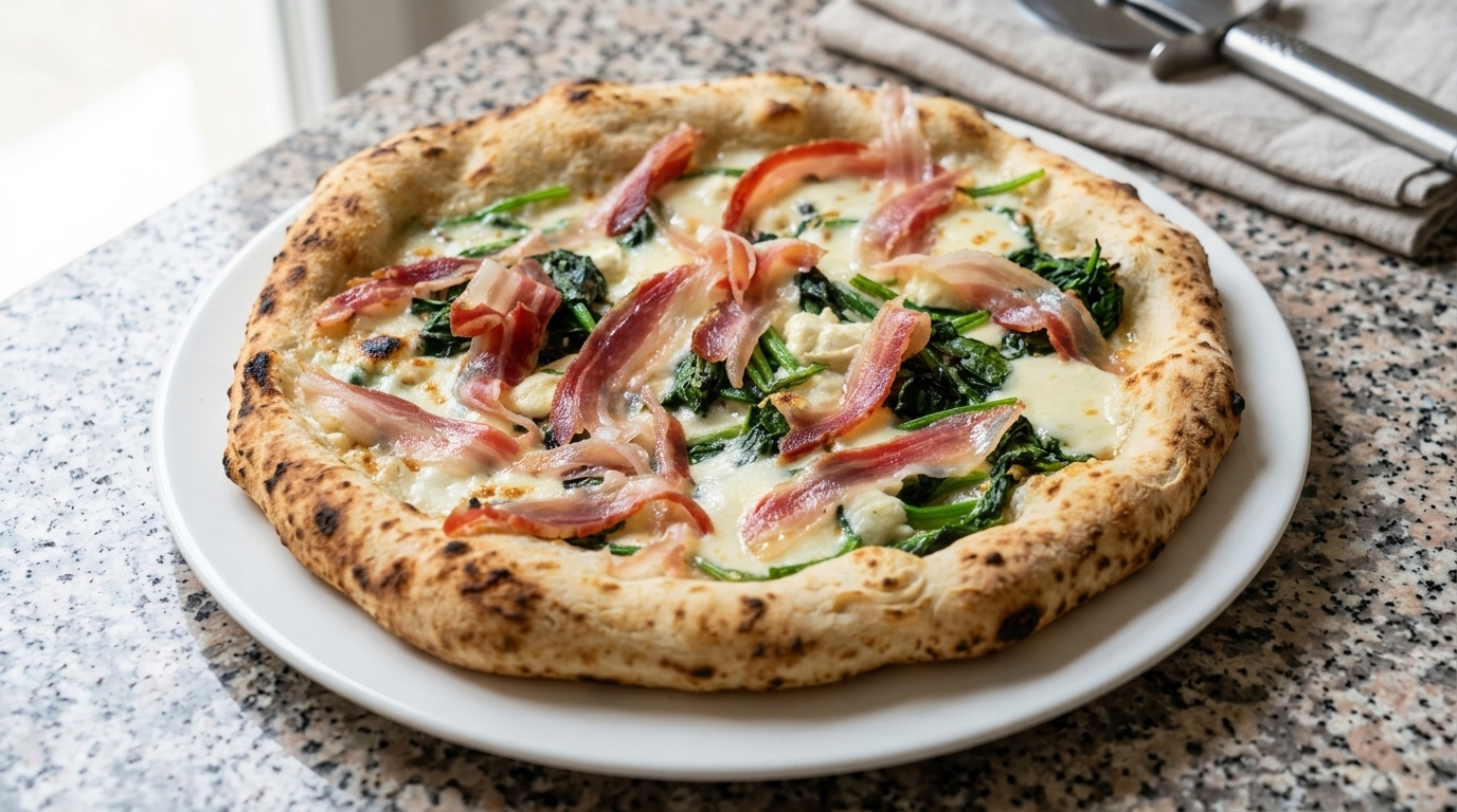 Una pizza artesanal recién horneada con espinacas al ajo, quesos fundidos y delicadas cintas de panceta.