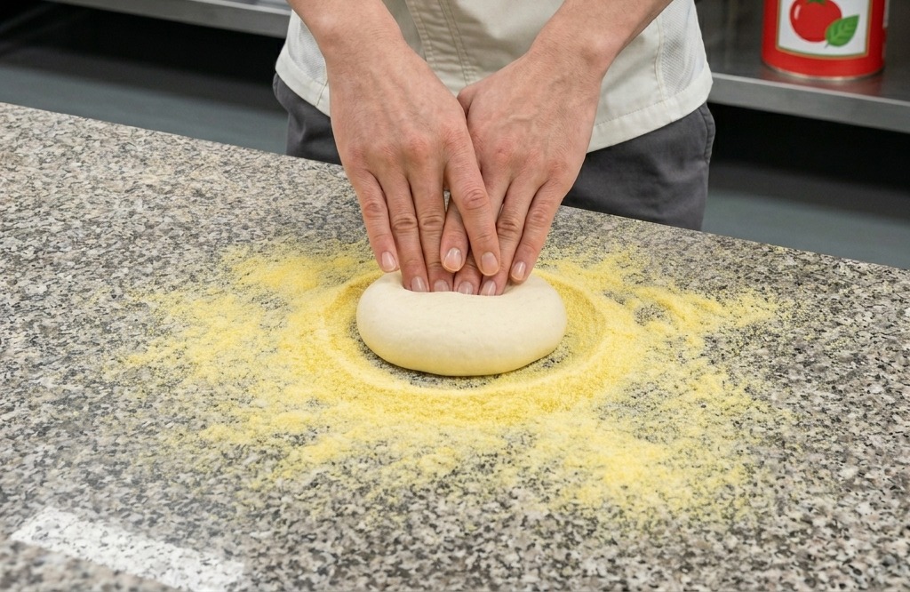 Manos de un chef presionando y dando forma a una masa de pizza redonda sobre una superficie con harina de maíz.