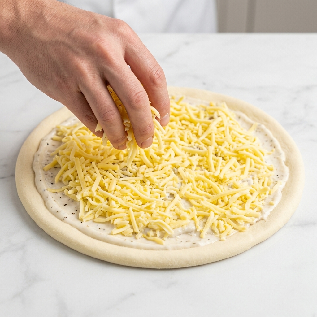 Una mano esparciendo queso mozzarella rallado sobre la masa cubierta con salsa blanca.