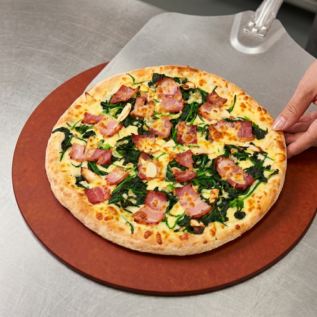 Una pizza recién horneada con bordes dorados y beicon cocinado siendo retirada con una pala metálica.