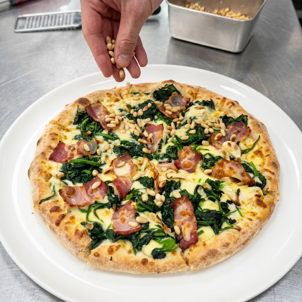 Una mano esparciendo piñones tostados sobre la pizza de espinacas y beicon recién cortada.
