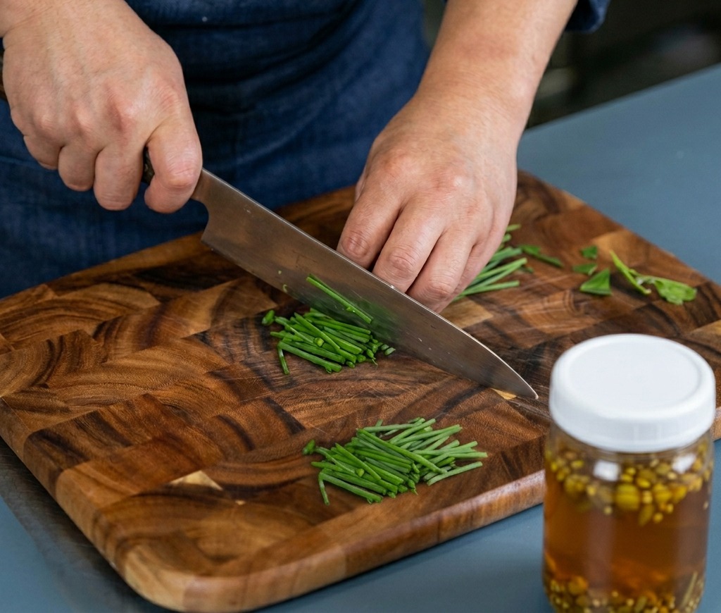 Manos picando tallos de cilantro fresco en secciones sobre una tabla de madera oscura.