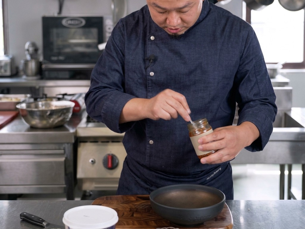 Chef sacando una cucharada de pasta Tom Yum espesa y oscura de un frasco de vidrio para ponerla en un bol de cerámica.