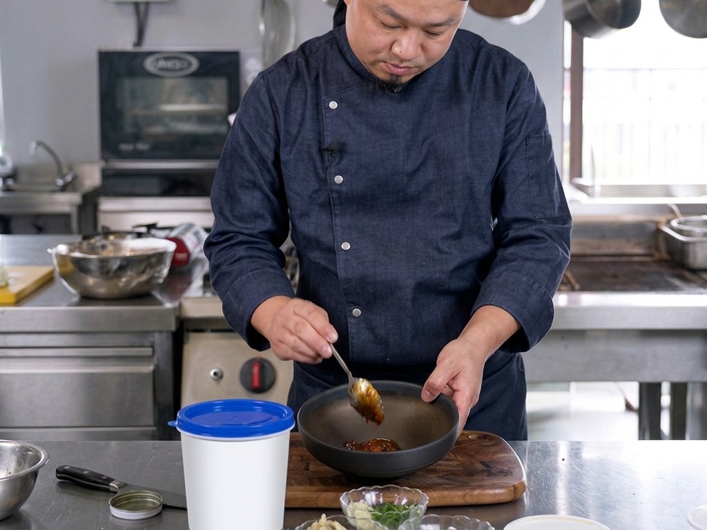 Chef usando una cuchara para mezclar salsas oscuras en un bol de cerámica negra sobre una encimera de acero inoxidable.