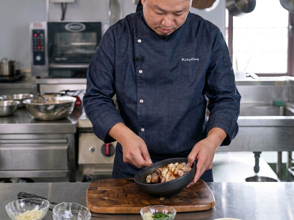 Un chef removiendo un bol de marisco mixto crudo cubierto con una salsa Tom Yum rica y oscura.