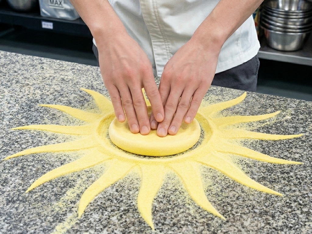 Manos de chef presionando un disco redondo de masa de pizza sobre una encimera de granito con harina.