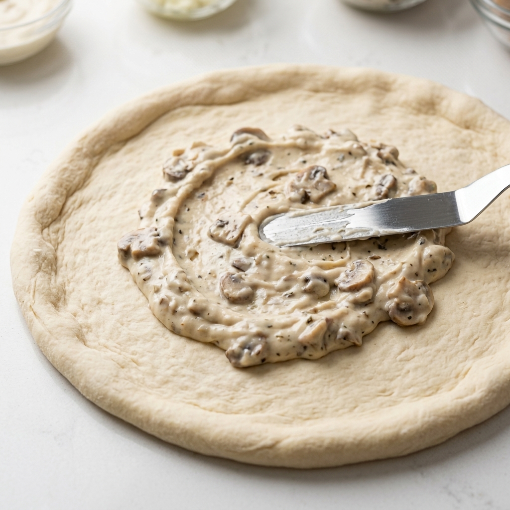 Salsa blanca cremosa con trozos de champiñones extendiéndose uniformemente sobre masa de pizza cruda con una espátula de metal.