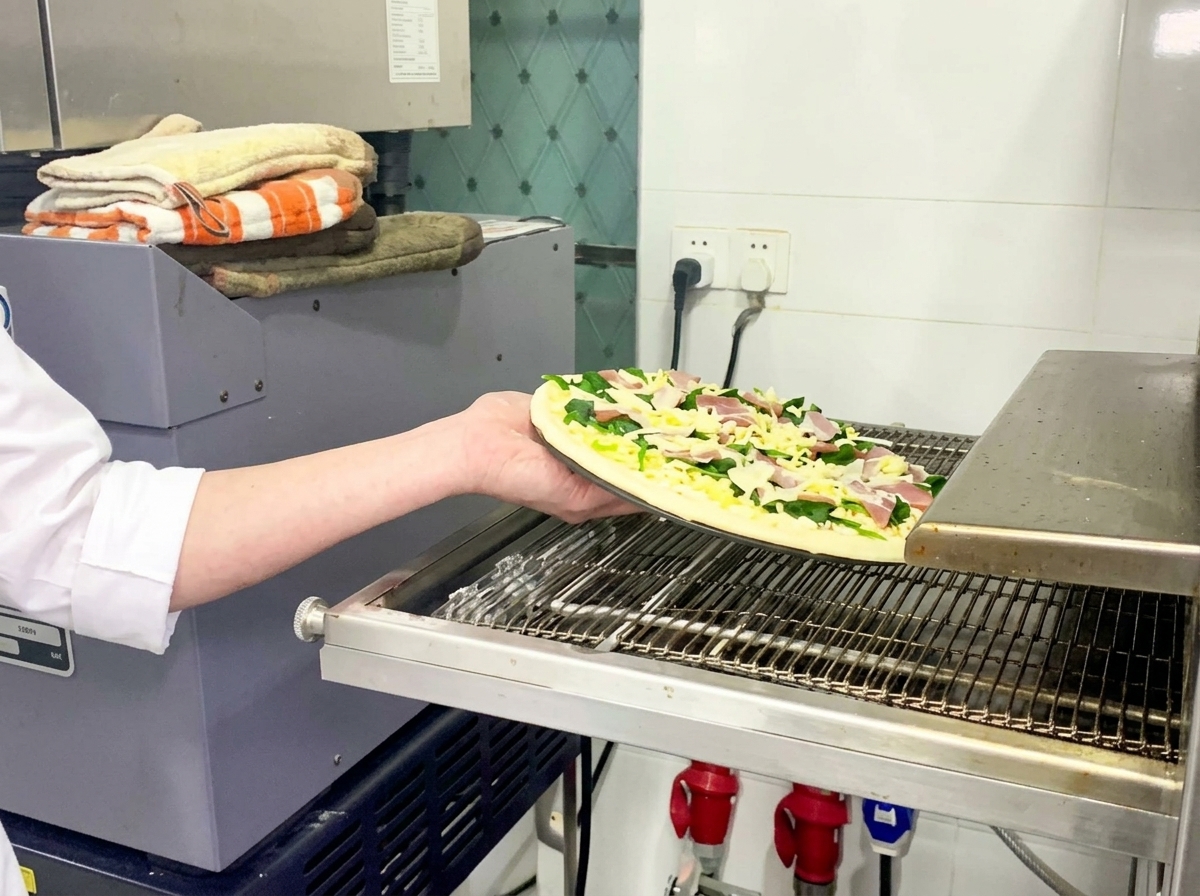 Un brazo colocando una pizza cruda de espinacas y bacon sobre la cinta metálica de un horno de pizza industrial.