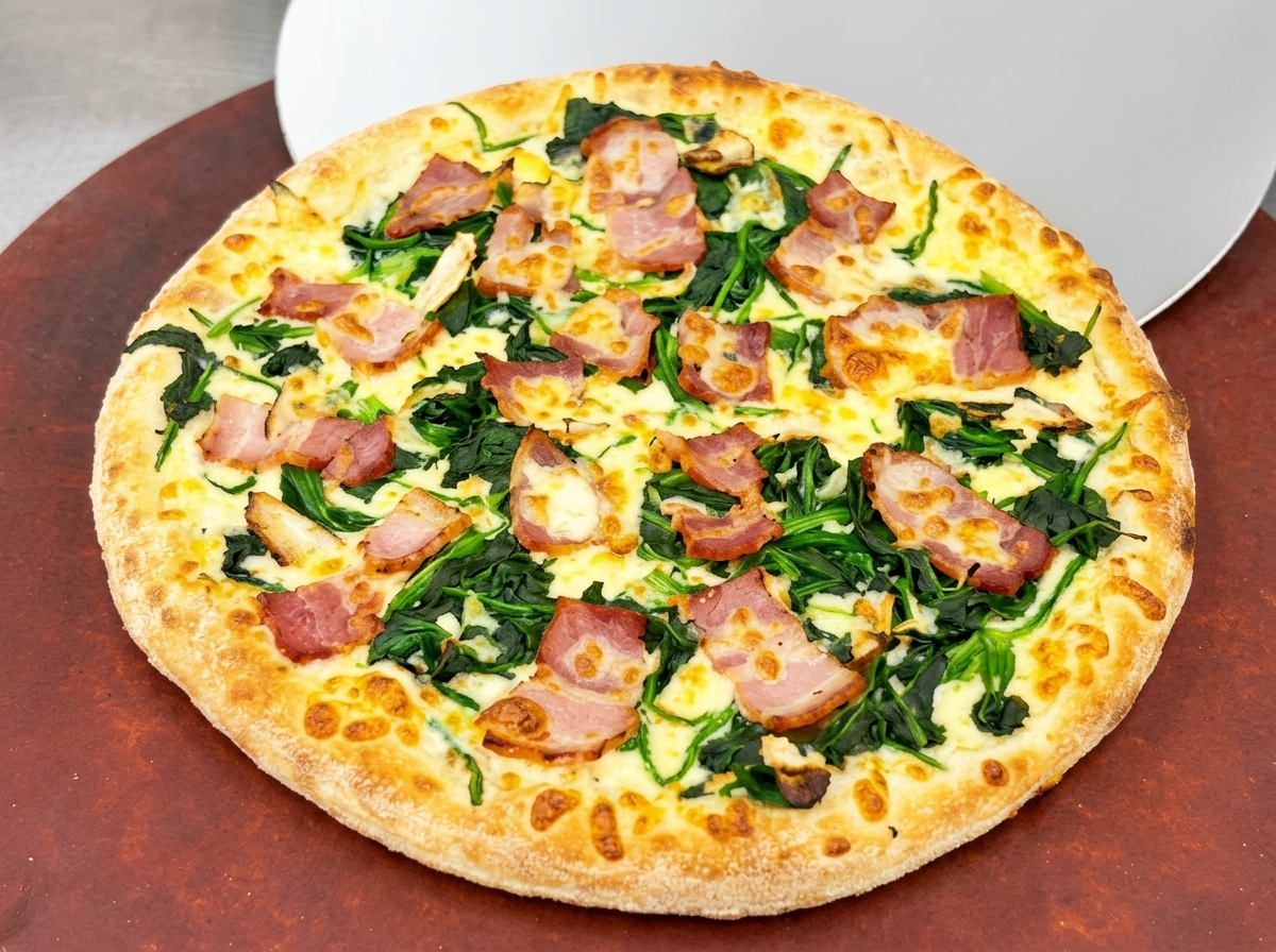Una pizza recién horneada con espinacas, bacon y mozzarella fundida reposando sobre una pala de madera.