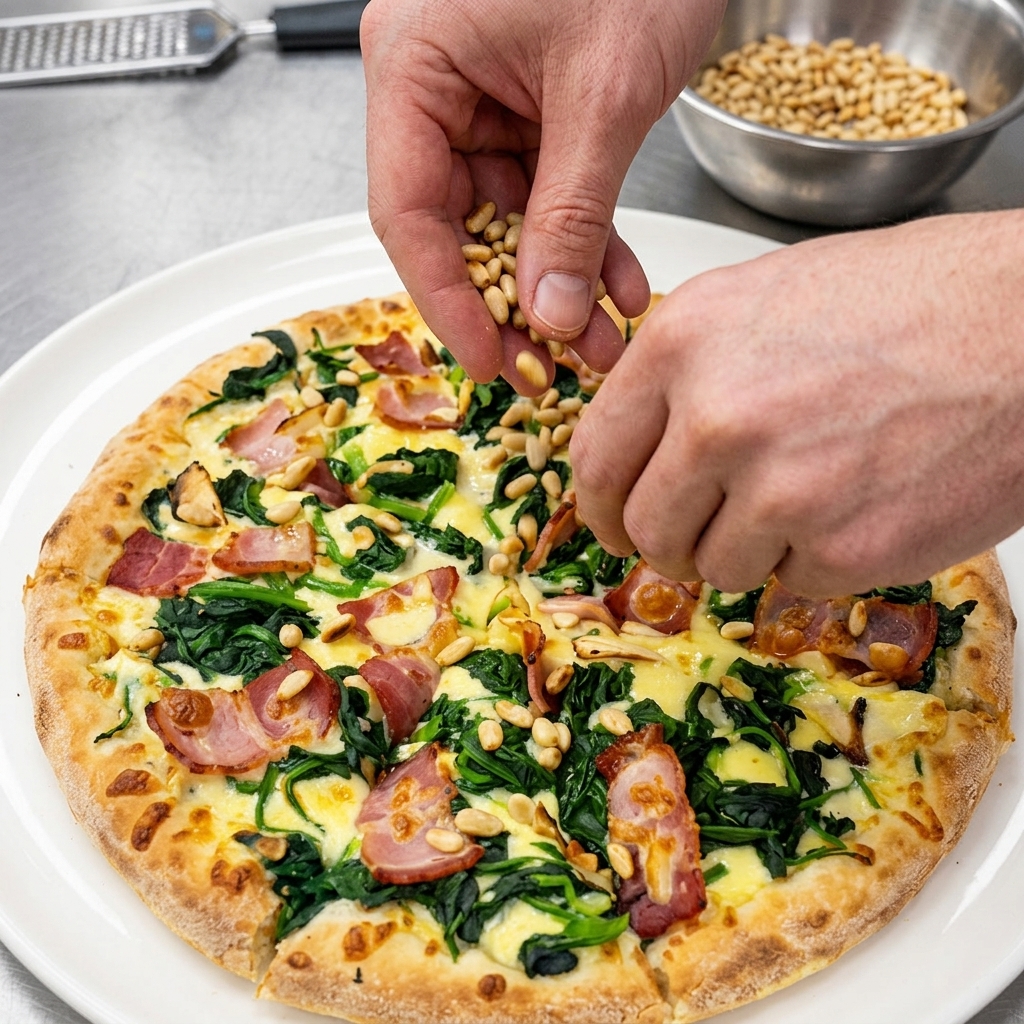 Manos esparciendo piñones tostados sobre una pizza de espinacas y bacon ya cortada en un plato blanco grande.