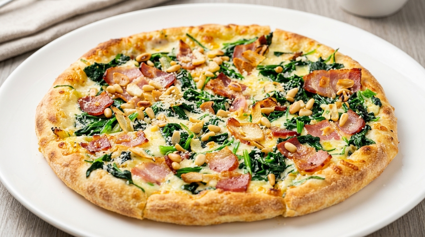 Una pizza de espinacas y bacon recién horneada decorada con láminas de ajo y piñones tostados.
