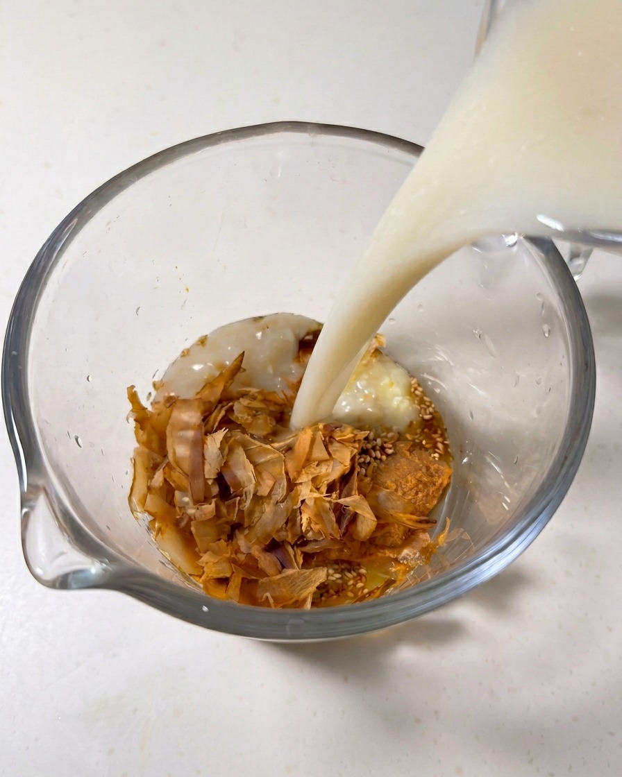 Caldo tonkotsu blanco y cremoso vertiéndose en una jarra con copos de bonito, pasta de miso y semillas de sésamo.