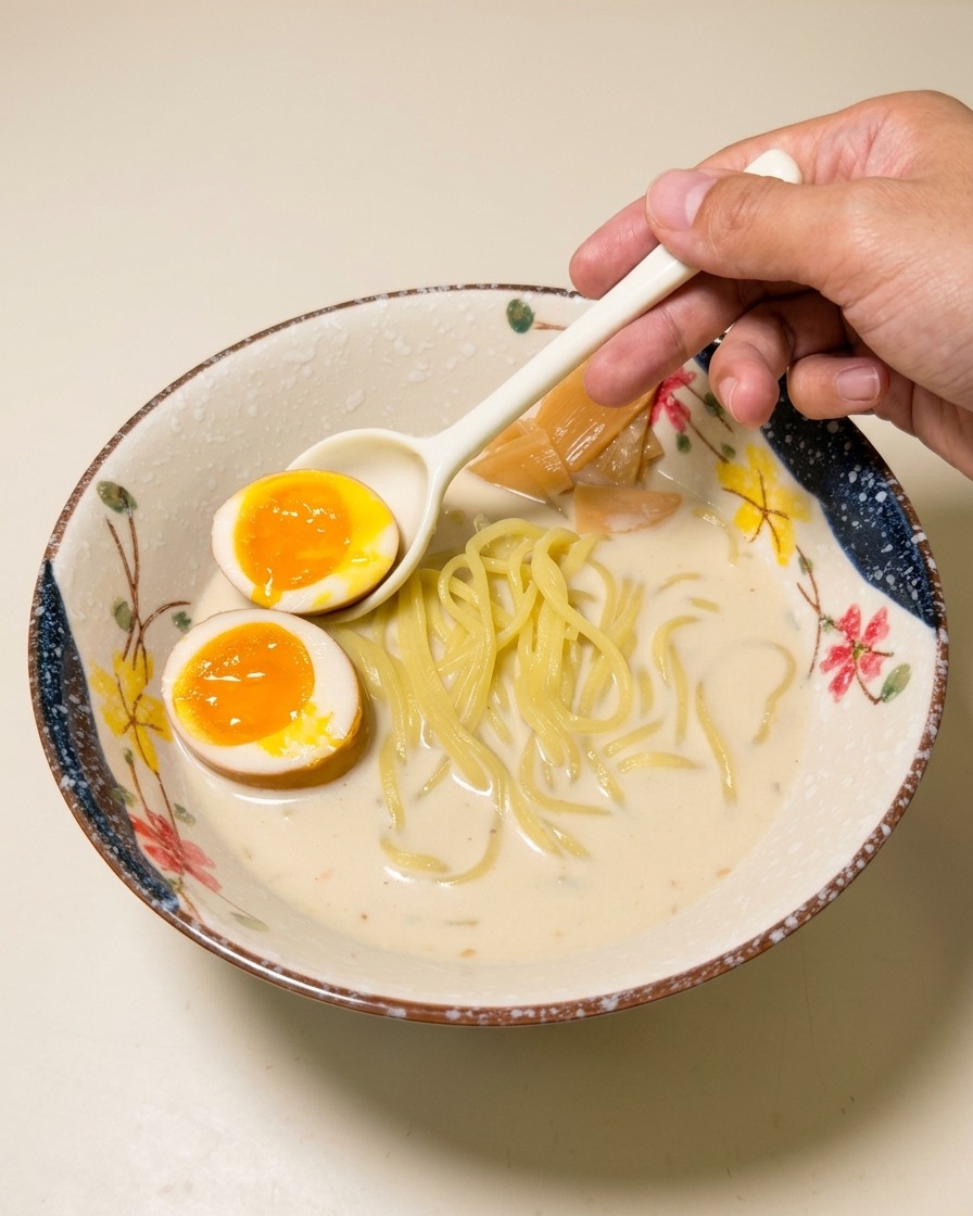 Una mano usando una cuchara blanca para colocar mitades de huevo pasado por agua con yemas naranjas brillantes en el cuenco de ramen.