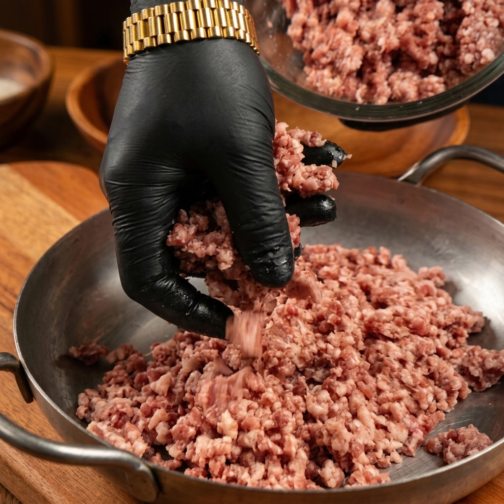 Carne de ternera picada cruda siendo colocada en una bandeja de metal por una persona con guantes negros.