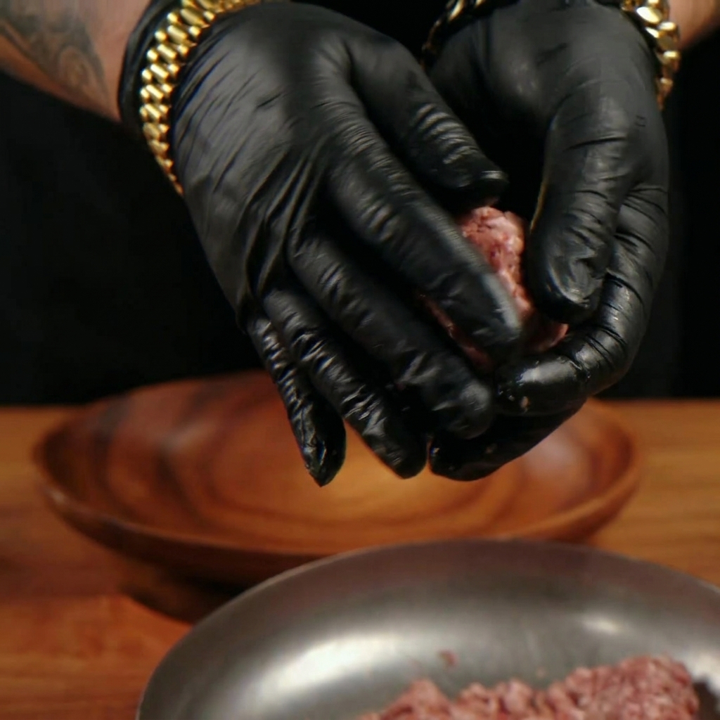 Manos con guantes dando forma suavemente a la carne picada cruda en una bola suelta sobre un plato de madera.