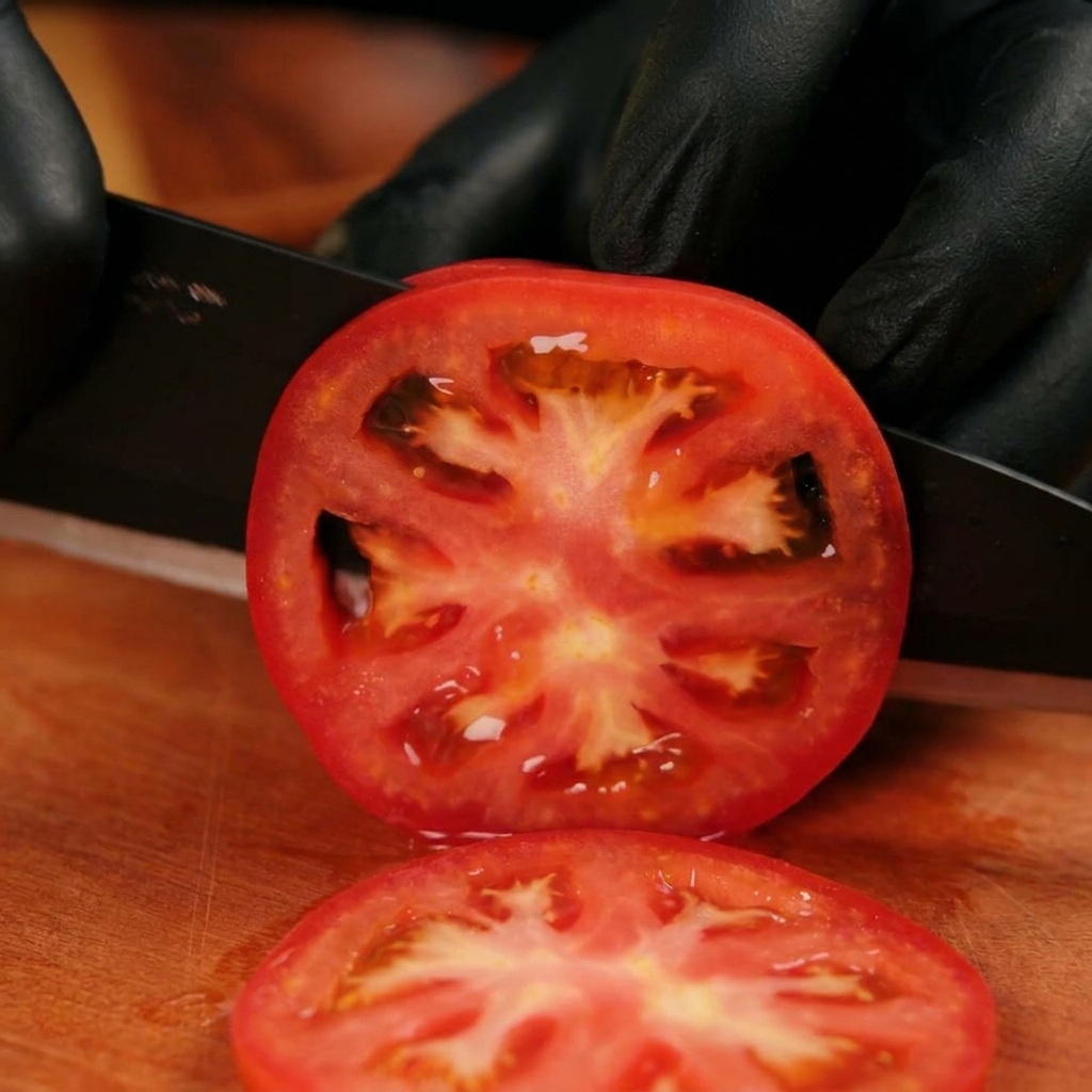 Un cuchillo negro cortando un tomate rojo maduro en rodajas uniformes sobre una tabla de cortar de madera.