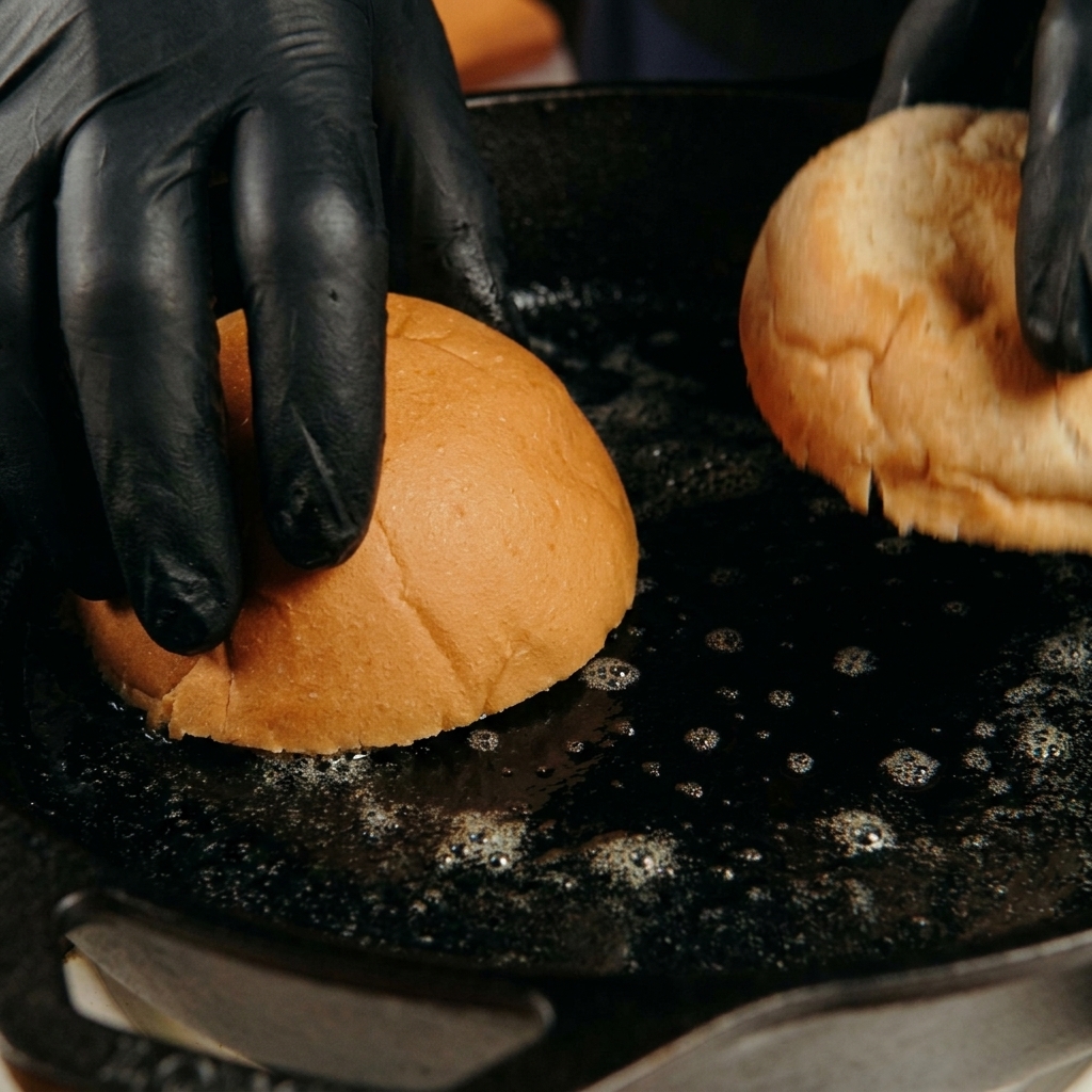 Manos con guantes presionando dos mitades de un pan de hamburguesa boca abajo en una sartén de hierro caliente con mantequilla derretida.