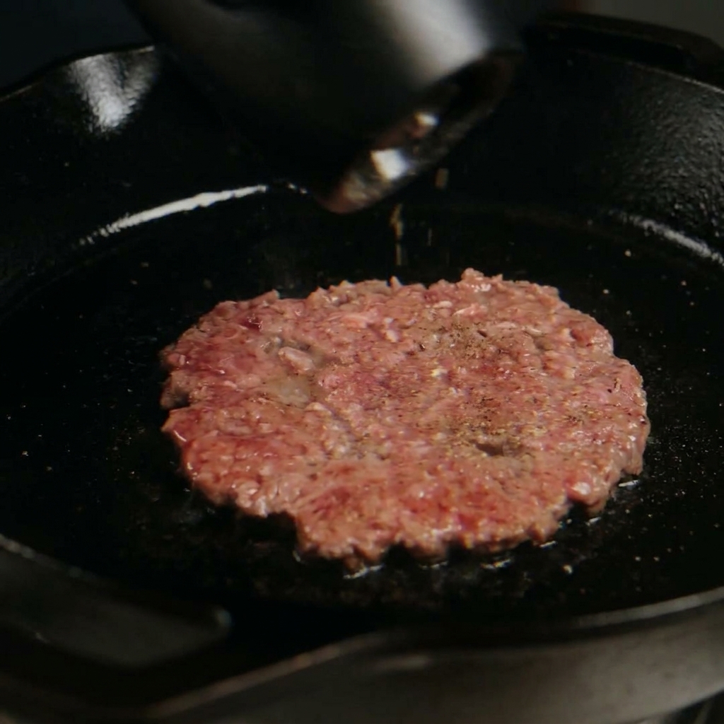 Usando un molinillo de pimienta para moler pimienta negra fresca sobre una carne de hamburguesa smash chisporroteando en la sartén.