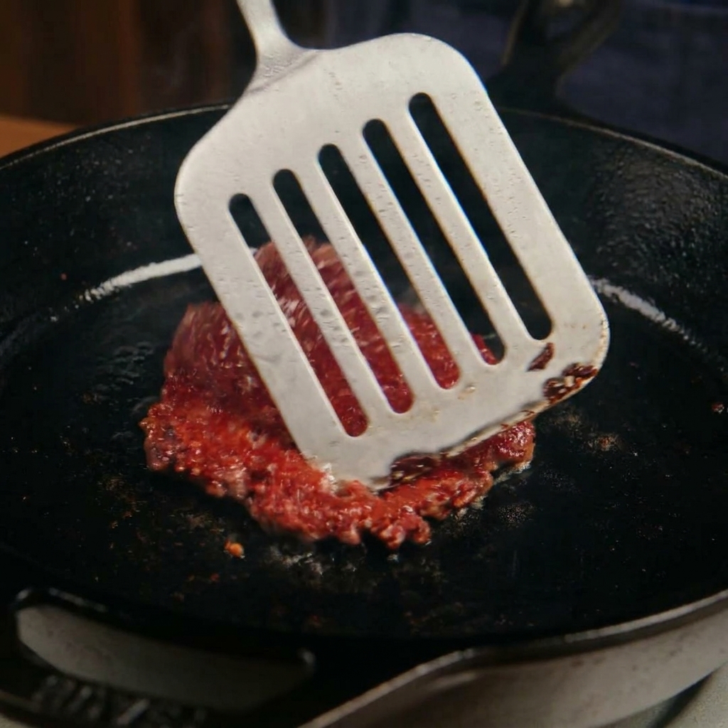 Una espátula metálica dando la vuelta a una carne smash, revelando una costra caramelizada muy dorada y crujiente.