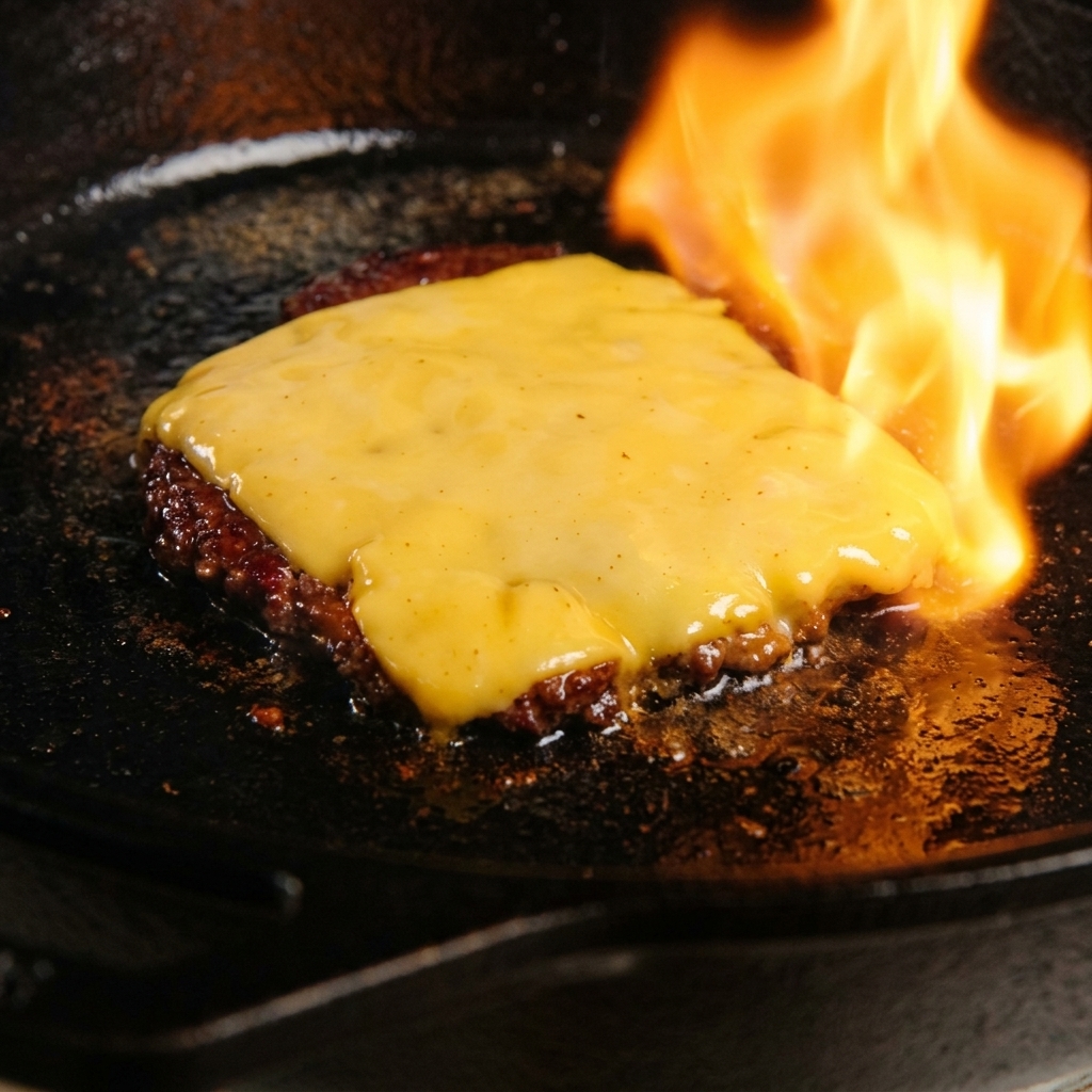 Una loncha de queso cheddar fundiéndose sobre una carne de hamburguesa bajo la llama directa de un soplete en una sartén de hierro.