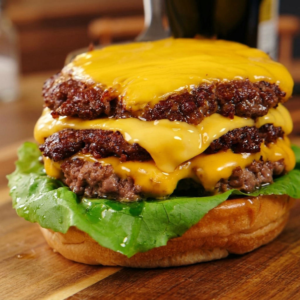 Tres carnes de hamburguesa con queso cheddar fundido apiladas sobre la base del pan con lechuga.