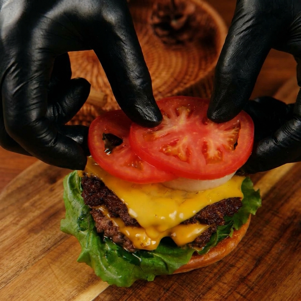 Manos con guantes negros colocando cuidadosamente rodajas de tomate rojo sobre aros de cebolla encima de la torre de hamburguesas.