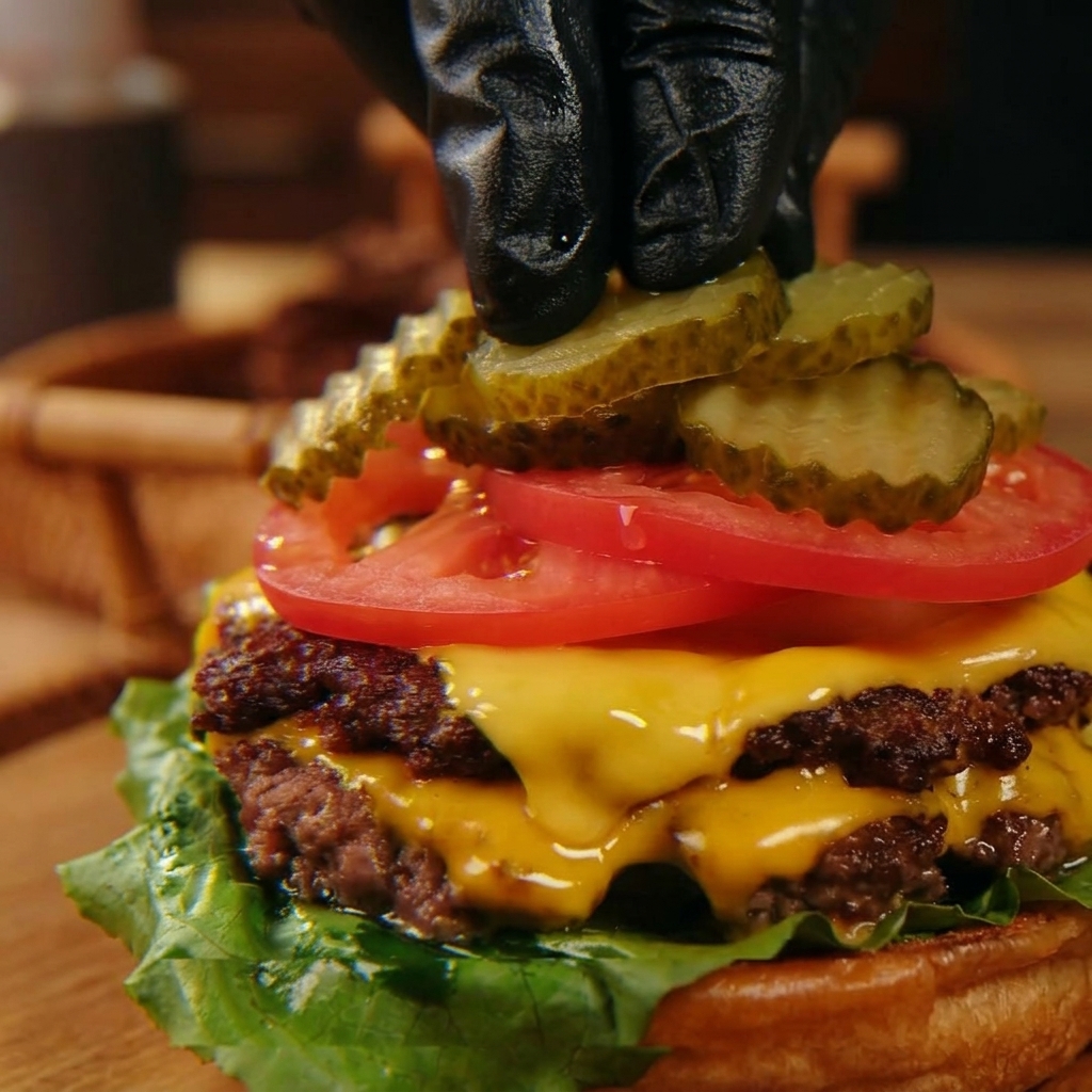 Manos con guantes negros colocando rodajas de pepinillos sobre las rodajas de tomate en una hamburguesa triple.