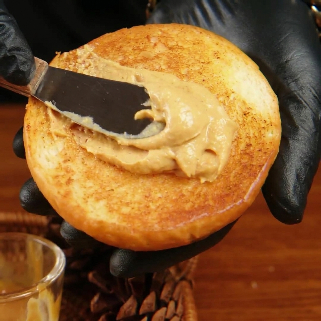 Una persona con guante negro usando una espátula pequeña para extender salsa naranja de hamburguesa sobre la superficie tostada del pan superior.