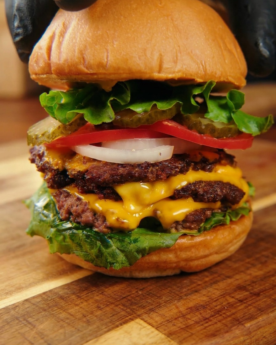 Manos con guantes negros colocando el pan superior sobre una hamburguesa triple masiva con lechuga, tomates y queso fundido.