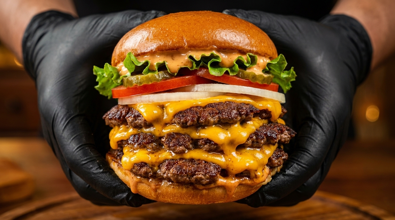 Una imponente hamburguesa triple con tres carnes estilo smash, queso cheddar fundido y guarniciones frescas.