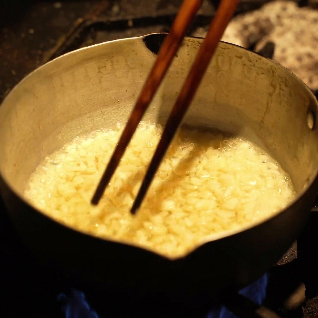 Pequeños trozos de ajo friéndose y burbujeando vigorosamente en aceite caliente dentro de una olla metálica.