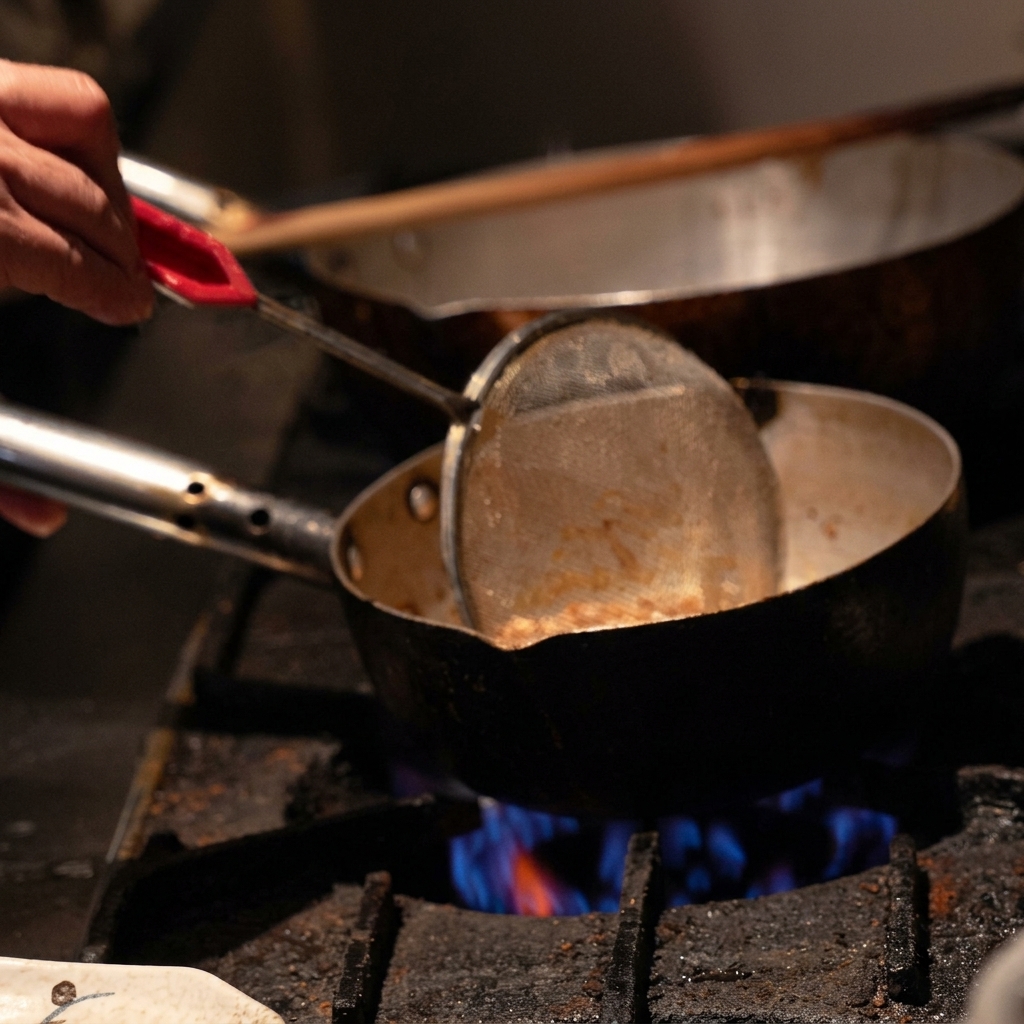 Una mano usando un espumadero de malla fina para sacar trozos de ajo frito dorado de una pequeña olla sobre una estufa de gas.
