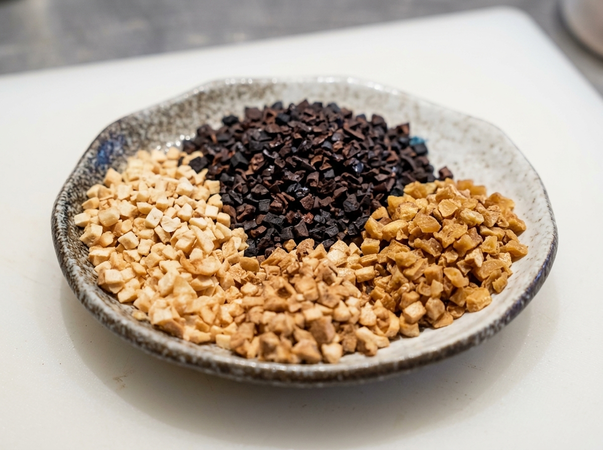 Un plato con cuatro montones separados de ajo picado, con colores que van desde el dorado pálido hasta el negro profundamente tostado.