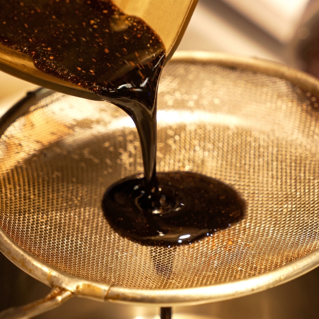Aceite de ajo negro espeso y oscuro siendo vertido a través de un colador de malla fina para eliminar sólidos gruesos.