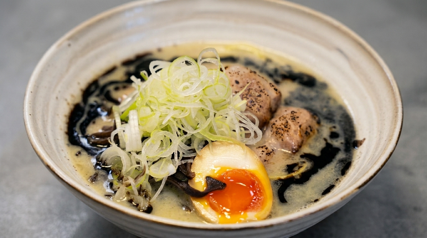 Un tazón de ramen suculento coronado con un llamativo chorrito de aceite aromático de ajo negro.